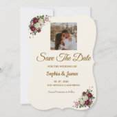 Modern Burgundy Floralm Photo Save the Date card (正面)