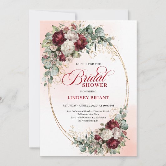 Modern Burgundy Gold Frame Bridal Shower Invite 招待状 (正面)