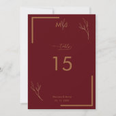 Modern Burgundy Golden Border Wedding Table Number 招待状 (正面)
