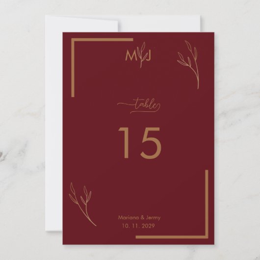 Modern Burgundy Golden Border Wedding Table Number 招待状 (正面)