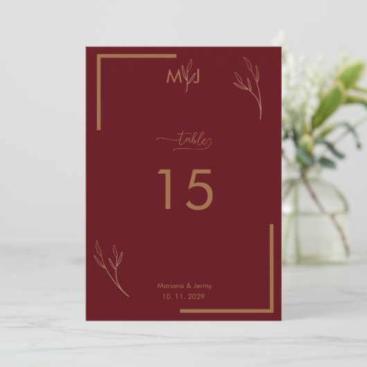 Modern Burgundy Golden Border Wedding Table Number 招待状 (スタンド正面)