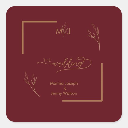Modern Burgundy Golden Leaflet Border Monogram スクエアシール (正面)