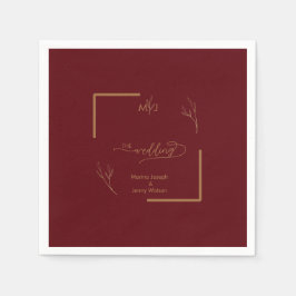 Modern Burgundy Golden Leaflet Border Monogram スタンダードカクテルナプキン