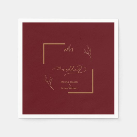 Modern Burgundy Golden Leaflet Border Monogram スタンダードカクテルナプキン (正面)