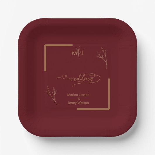 Modern Burgundy Golden Leaflet Border Monogram ペーパープレート (正面)
