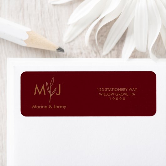 Modern Burgundy Golden Leaflet Monogram  ラベル (インサイチュ)