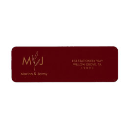 Modern Burgundy Golden Leaflet Monogram  ラベル