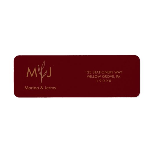 Modern Burgundy Golden Leaflet Monogram  ラベル (正面)