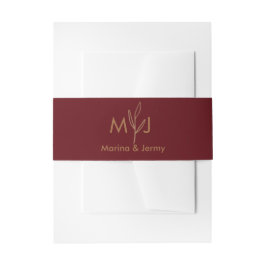 Modern Burgundy Golden Leaflet Monogram  招待状ベリーバンド