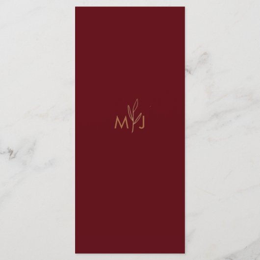 Modern Burgundy Golden Leaflet Monogram Flat Menu メニュー (裏面)