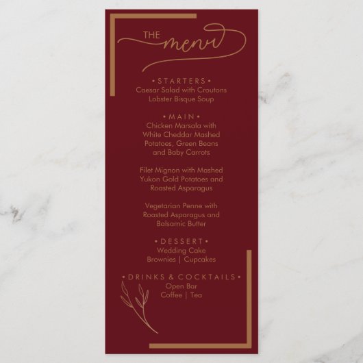 Modern Burgundy Golden Leaflet Monogram Flat Menu メニュー (正面)