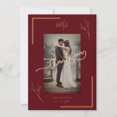 *Modern Burgundy Golden Leaflet Monogram Wedding サンキューカード (正面)