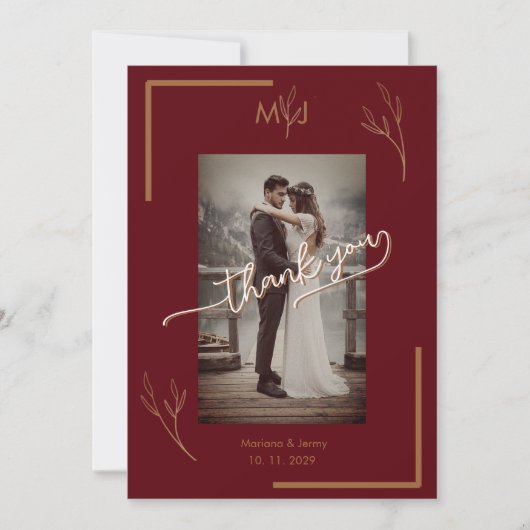 *Modern Burgundy Golden Leaflet Monogram Wedding サンキューカード (正面)