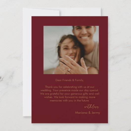*Modern Burgundy Golden Leaflet Monogram Wedding サンキューカード (裏面)