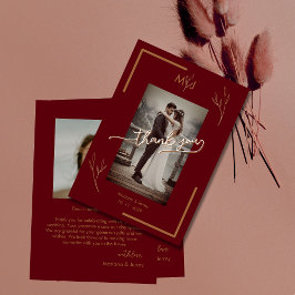 *Modern Burgundy Golden Leaflet Monogram Wedding サンキューカード