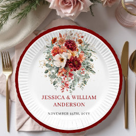 Modern Burgundy Greenery Wedding Paper Plates ペーパープレート