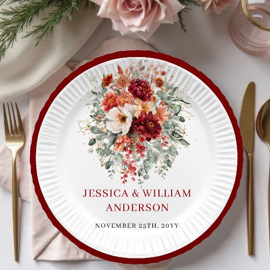 Modern Burgundy Greenery Wedding Paper Plates ペーパープレート
