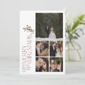 Modern Burgundy Merry Christmas Typography 5 Photo シーズンカード (スタンド正面)