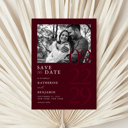 Modern Burgundy Minimalist Photo Wedding セーブザデート