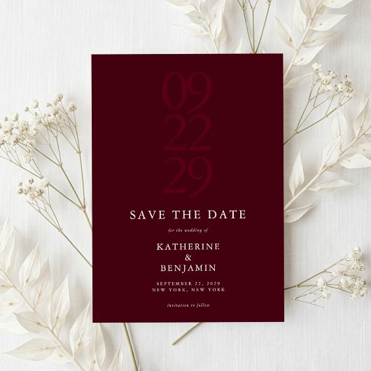 Modern Burgundy Minimalist Wedding Save The Date セーブザデート