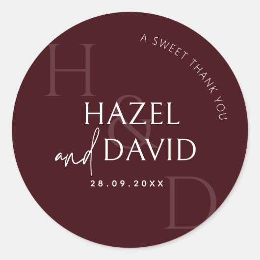 Modern Burgundy Monogram Minimalist Wedding ラウンドシール (正面)