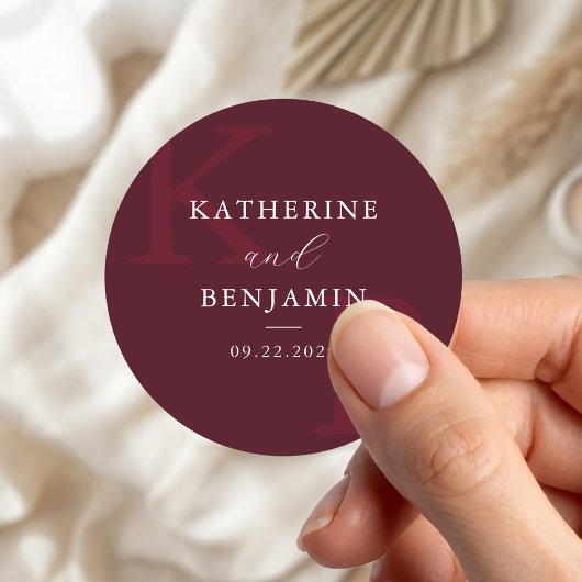 Modern Burgundy Monogram Minimalist Wedding ラウンドシール