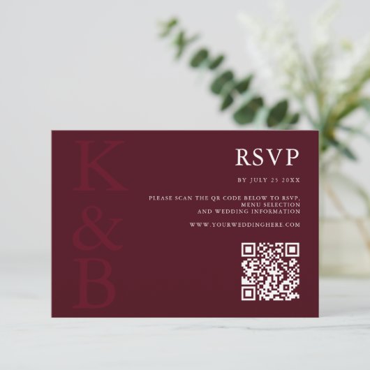 Modern Burgundy Monogram Minimalist Wedding 出欠カード (スタンド正面)