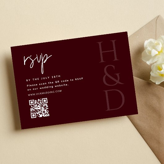 Modern Burgundy Monogram Minimalist Wedding 出欠カード