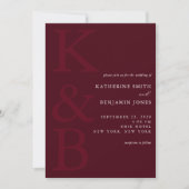 Modern Burgundy Monogram Minimalist Wedding 招待状 (正面)
