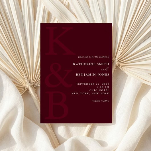 Modern Burgundy Monogram Minimalist Wedding 招待状