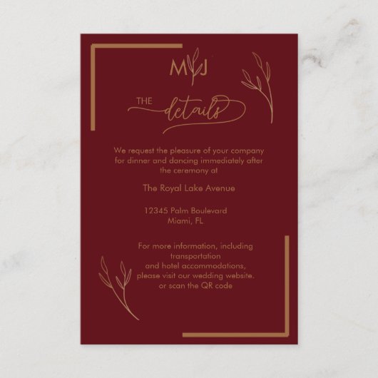 Modern Burgundy  Monogram Wedding Details エンクロージャーカード (正面)