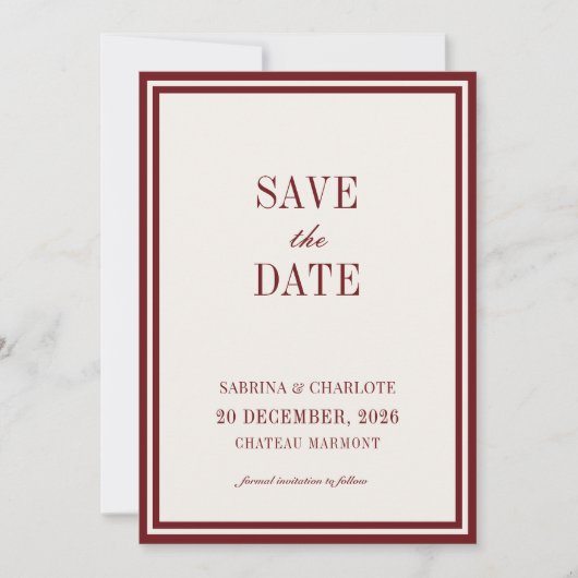 Modern Burgundy Old Money Wedding Save The Date セーブザデート (正面)