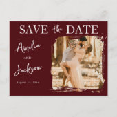 Modern Burgundy One Photo Save the Date Wedding 案内ポストカード (正面)