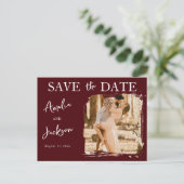 Modern Burgundy One Photo Save the Date Wedding 案内ポストカード (スタンド正面)