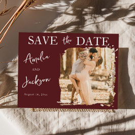 Modern Burgundy One Photo Save the Date Wedding 案内ポストカード