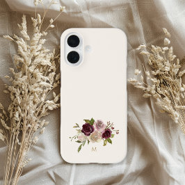 Modern Burgundy Pink Floral Watercolor Monogram iPhone 16ケース