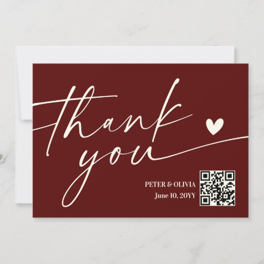 Modern Burgundy QR Code Wedding Thank You Card 招待状 (正面)