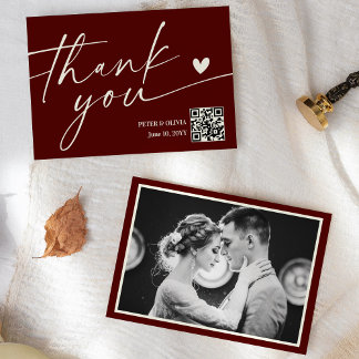 Modern Burgundy QR Code Wedding Thank You Card 招待状