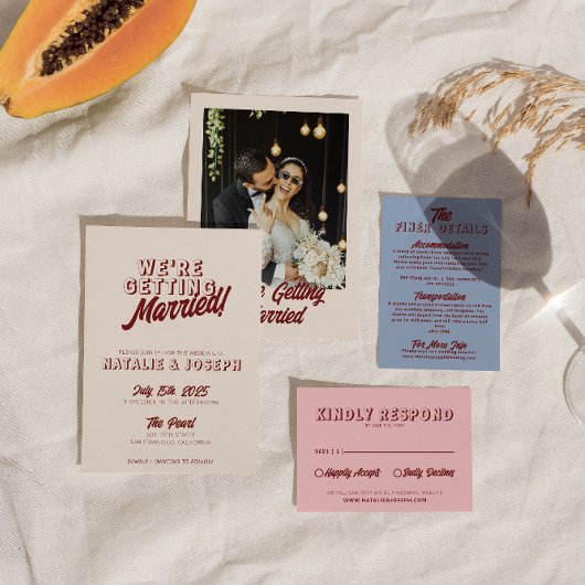 Modern Burgundy Retro Bold Funky Unique Wedding 招待状