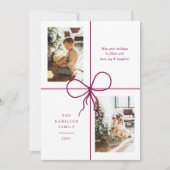 Modern Burgundy Ribbon Bow Wrap 2 Photo Christmas シーズンカード (正面)