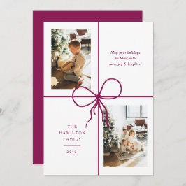 Modern Burgundy Ribbon Bow Wrap 2 Photo Christmas シーズンカード