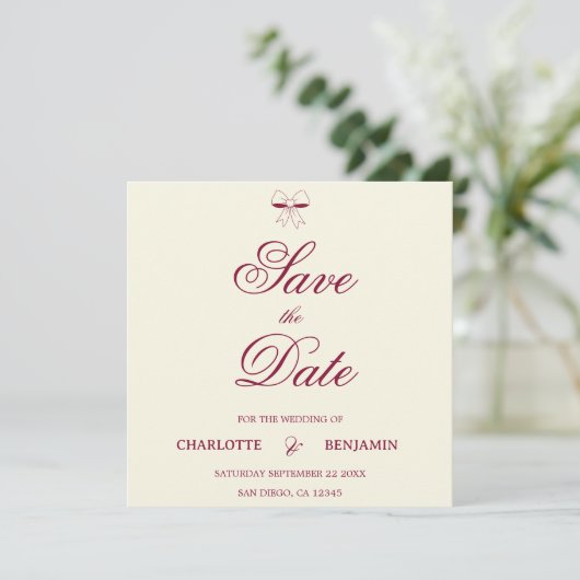 Modern Burgundy Script Ivory Bow Chic Wedding Card (スタンド正面)