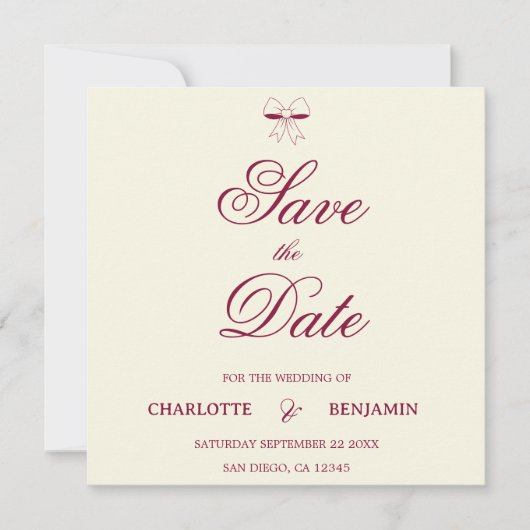 Modern Burgundy Script Ivory Bow Chic Wedding Card (正面)