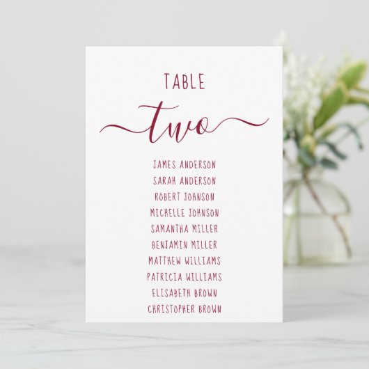 Modern Burgundy Script White Seating Chart Card (スタンド正面)