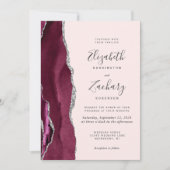 Modern Burgundy Silver Agate Blush Pink Wedding 招待状 (正面)