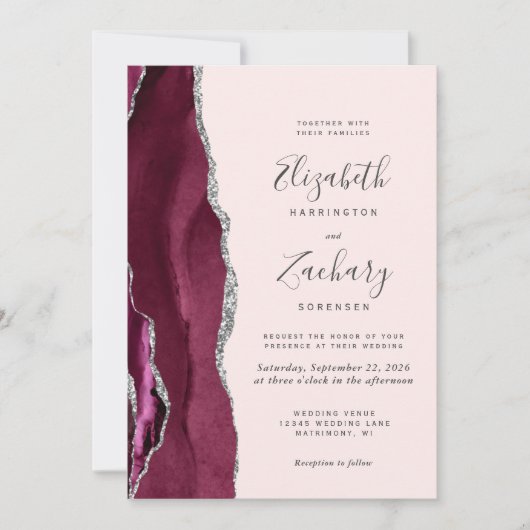 Modern Burgundy Silver Agate Blush Pink Wedding 招待状 (正面)
