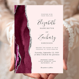 Modern Burgundy Silver Agate Blush Pink Wedding 招待状