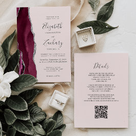 Modern Burgundy Silver Agate Blush QR Code Wedding 招待状
