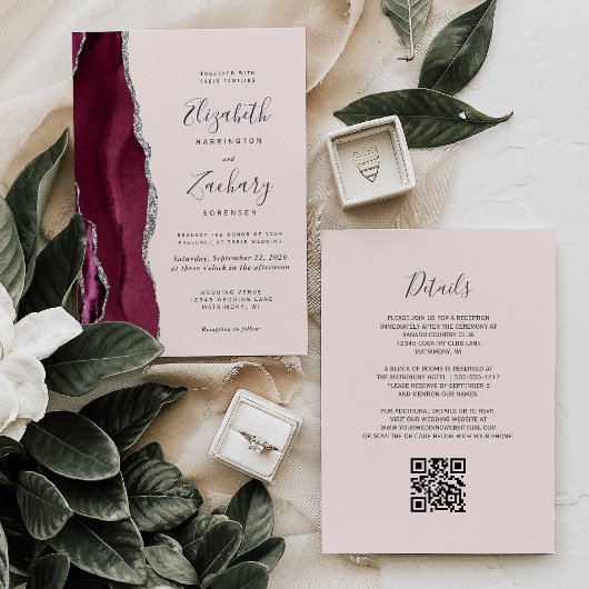 Modern Burgundy Silver Agate Blush QR Code Wedding 招待状