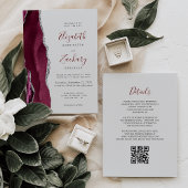 Modern Burgundy Silver Agate Gray QR Code Wedding 招待状
